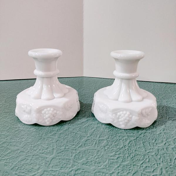 Vintage Colony Harvest Milk Glass Candlestick Holders, Set of Two