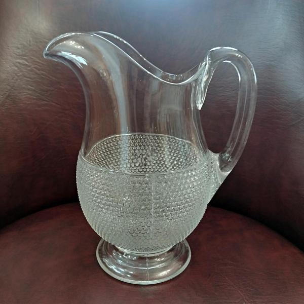 Antique McKee Snowflake Star Rosetted Pressed Glass Pitcher, UV Reactive Manganese Glass, Large Vintage Clear Glass Pitcher