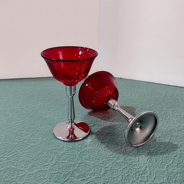 Vintage Paden City Glades Ruby Red Wine Glasses with Chrome Stems, Set of Two