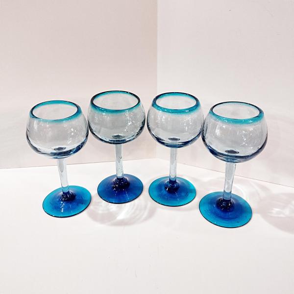 Vintage Mexican Hand Blown Glass Goblets, Set of Four, Aqua Turquoise Blue Large Wine / Margarita Glasses