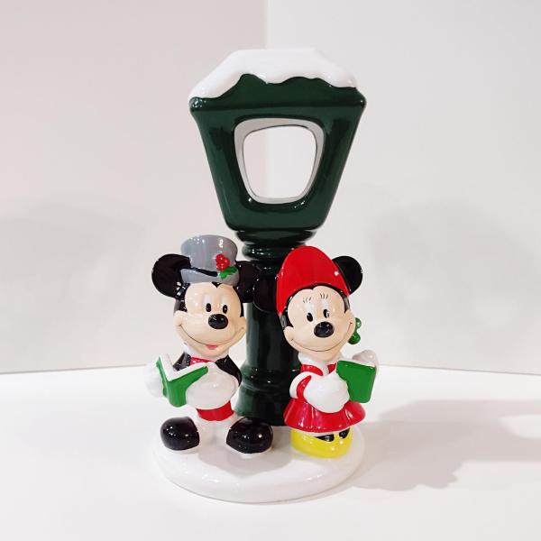 Vintage Mickey and Mini Mouse Caroling Lamp Post Tea Light Holder, Disney Teleflora Ceramic Christmas Candle Holder