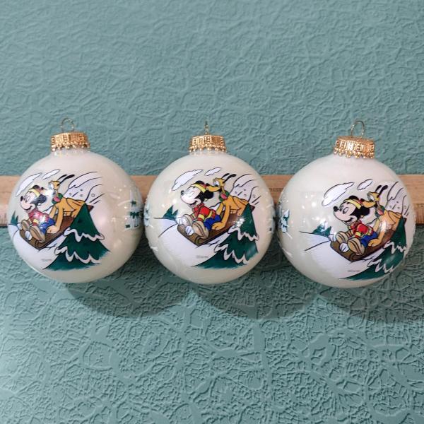 Vintage Mickey Unlimited Disney Christmas Ornaments, Mickey Mouse and Pluto Sledding Glass Christmas Tree Balls Ornaments, Set of 3