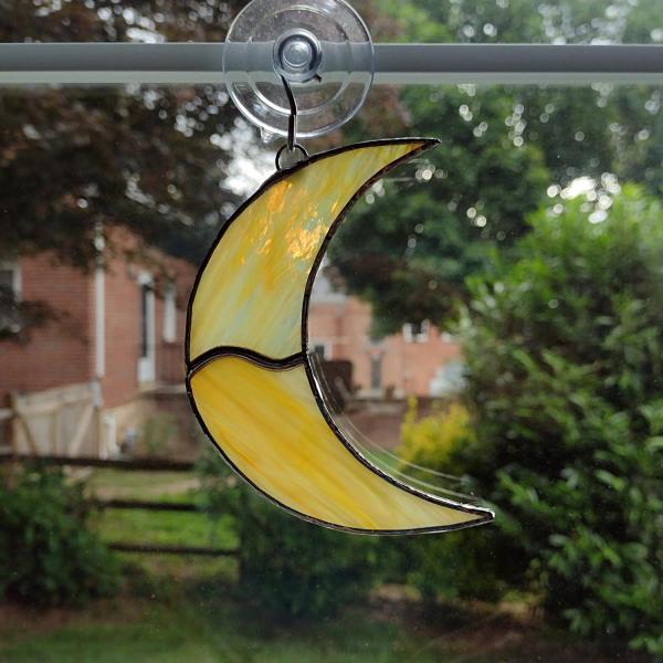 Crescent Moon Stained Glass Suncatcher, Yellow Swirled Corsica Glass