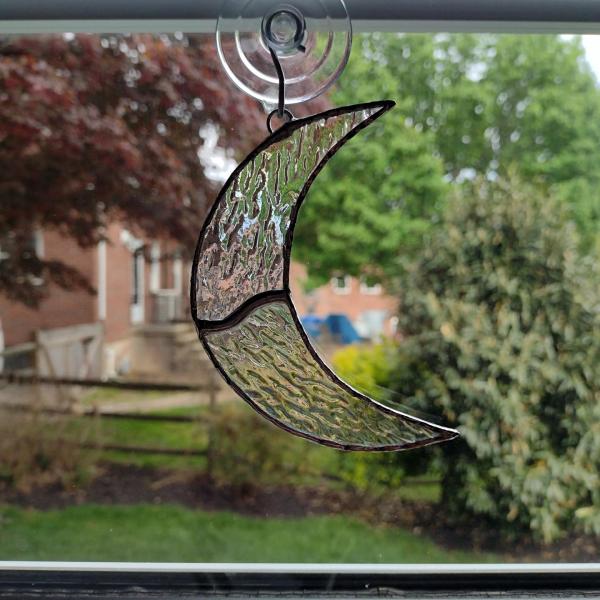 Crescent Moon Stained Glass Suncatcher- Clear Iridescent Cathedral