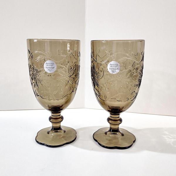 Vintage NEW Princess House Fantasia Mocha Iced Tea Glasses, Amber Smoky Brown Floral Glass Goblets, Set of Two