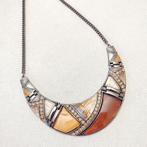 Vintage Enamel and Rhinestone Crescent Moon Metal Necklace, Brown and Amber Earth Tone Statement Necklace