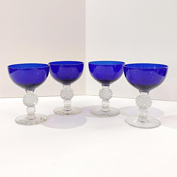 Vintage Morgantown Cobalt Blue Golf Ball Champagne Wine Tall Sherbet Glasses, Set of 4, Ritz Blue Coupe Glasses