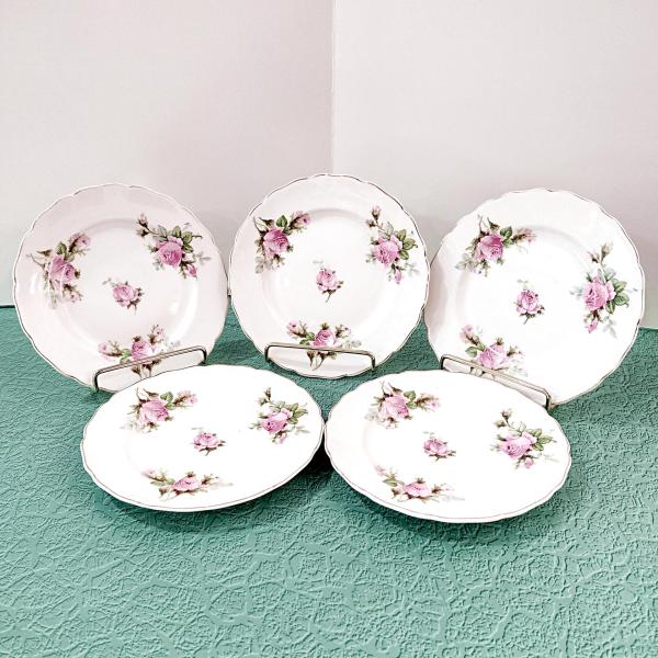 Vintage Canonsburg Moss Rose Bread Appetizer Plates, Set of 5, Pink Floral MCM Plates