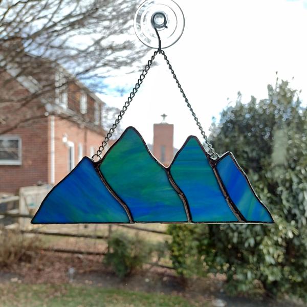 Stained Glass Mountains Suncatcher, Blue Green Wissmach Opalescent Glass