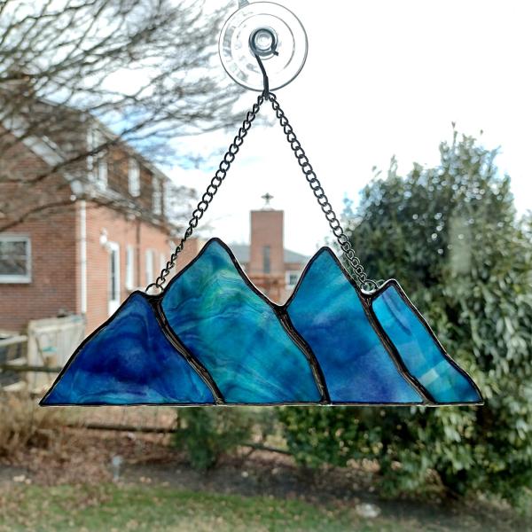 Stained Glass Mountains Suncatcher, Blue Green Purple Youghiogheny Glass