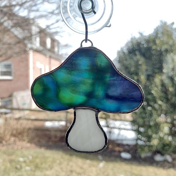 Stained Glass Mushroom Suncatcher, Blue Youghiogheny Glass