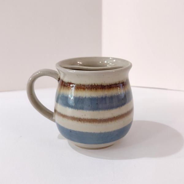 Vintage Ceramic Mustache Mug, Blue and Tan Striped Ceramic Coffee Tea Mug, Right Handed Mustache Mug Cup