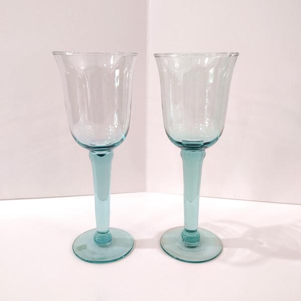 Vintage Mexican Hand Blown Teal Blue Wine Glasses, Set of Two, Tall 10 Ounce Wine Goblets