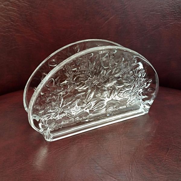 Vintage Princess House Fantasia Floral Pressed Glass Napkin Holder, Poinsettia Flower Desk Letter Holder Organizer