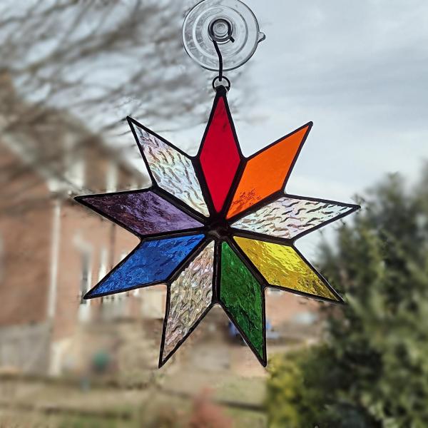 Nine Pointed Star Suncatcher, Rainbow Baha'i Stained Glass Star, Custom Colors Available