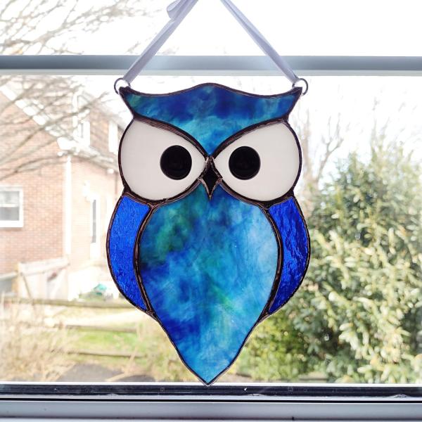 Blue Stained Glass Owl Suncatcher