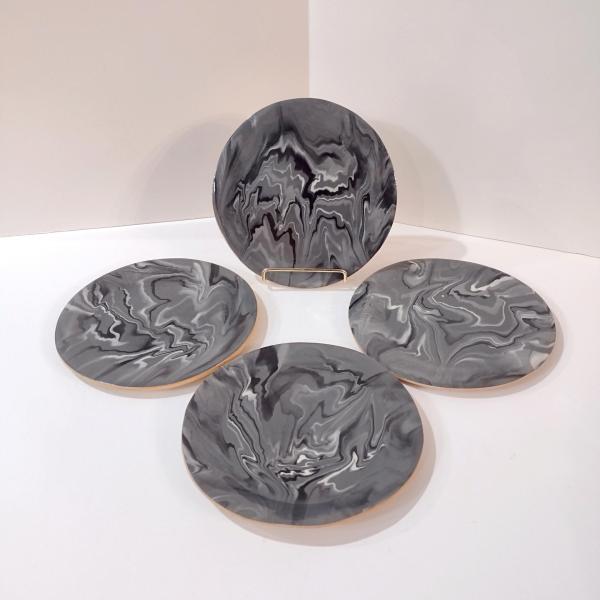 Terrafirma Ellen Evans Signed Studio Pottery Ceramic 7" Plates, Set of Four, Gray/ Black / White Appetizer Snack Plates