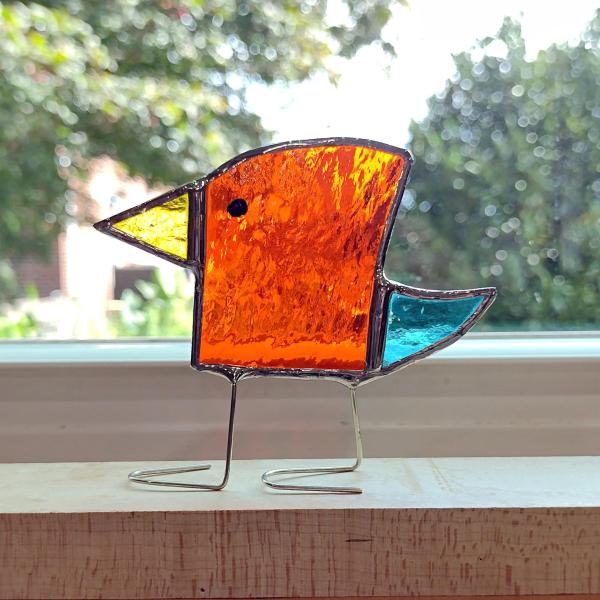Stained Glass Standing Bird, Funky Orange and Blue Glass Bird Suncatcher, Bird Lover Gift, Windowsill Sitter