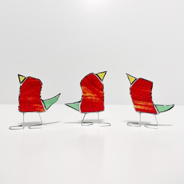 Stained Glass Standing Birds, Set of Three, Orange, Green, and Yellow Glass Birds