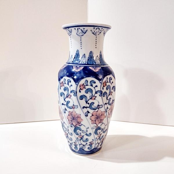 Vintage Oriental Asian Ceramic Flower Vase with Pink and Blue Rose Design