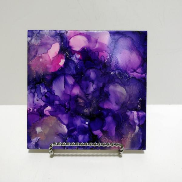 Alcohol Ink Ceramic Tile Trivet, 6" x 6", Deep Purple and Pink Abstract Fluid Painting
