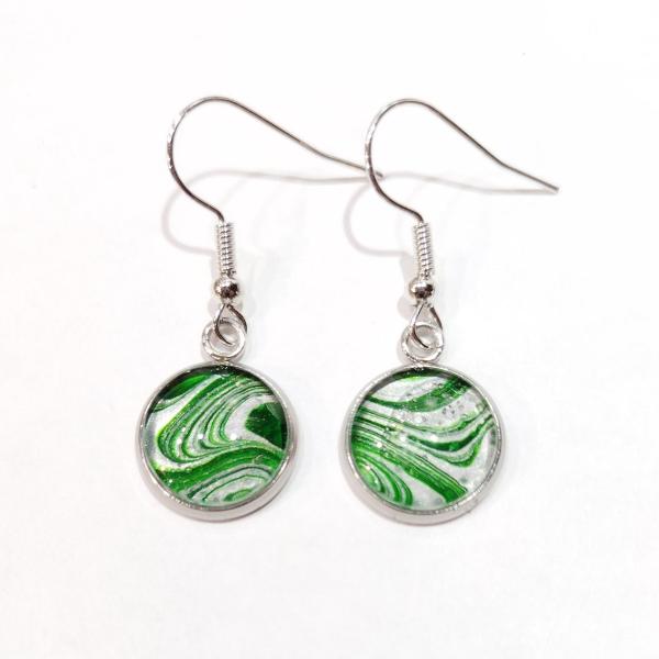 Painted Earrings, Green and Silver Swirls, Holiday Earrings