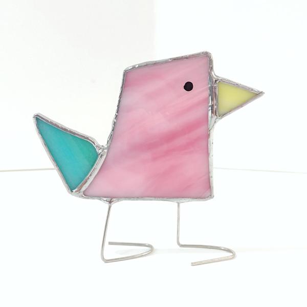 Stained Glass Standing Bird, Funky Pink and Blue Glass Bird Suncatcher, Bird Lover Gift, Windowsill Sitter