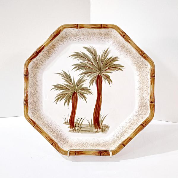 Vintage Octagonal Palm Tree Dinner Plate with Bamboo Edge, Today's Living TOL5 Ceramic Plate
