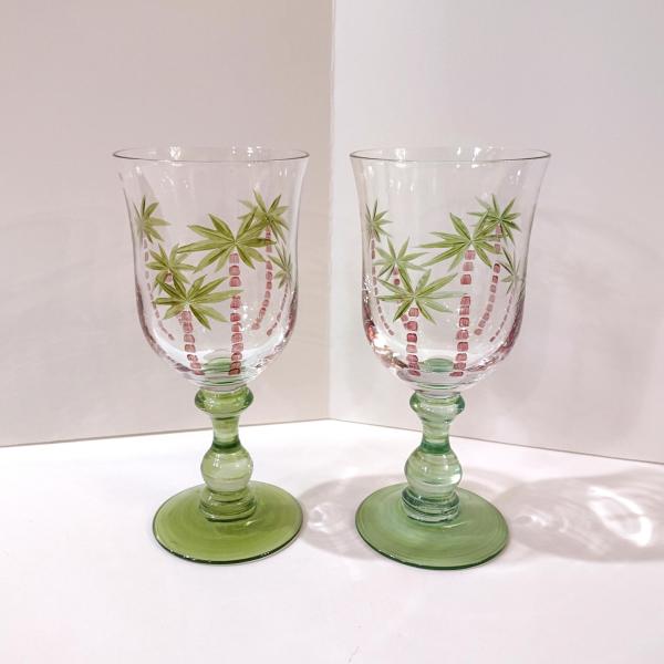 Vintage Hand Painted Palm Tree Cocktail Glasses, Set of Two, Tropical Beach Themed Barware, 12 Ounce Water Goblets