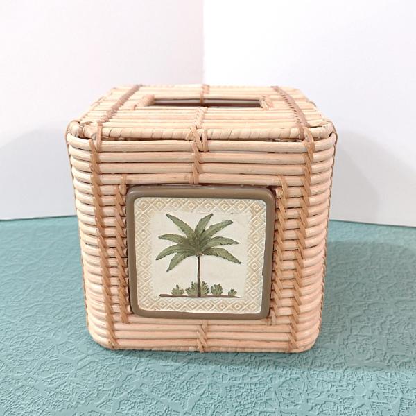 Vintage Bamboo Square Tissue Box Cover Holder with Palm Tree Design, Beth Yarbrough Beach Decor