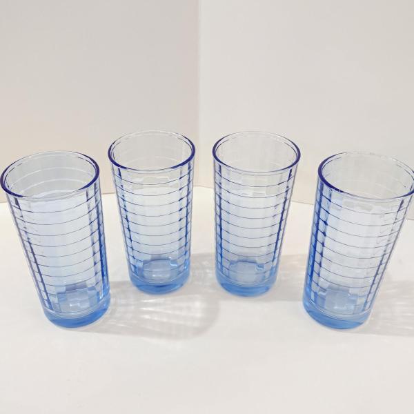 Vintage Blue Block Optic Highball Glasses, Set of 4, Blue Windowpane 9 Ounce Straight Tumblers