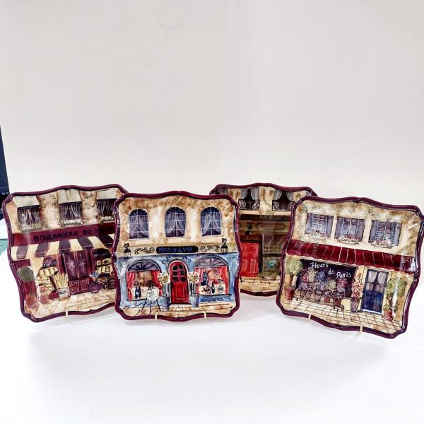 Vintage Kate McRostie Boulevard Square Ceramic Parisian Themed Plates, Set of Four