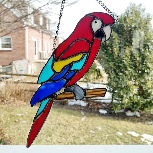 Stained Glass Parrot Suncatcher, Scarlet Macaw Glass Bird