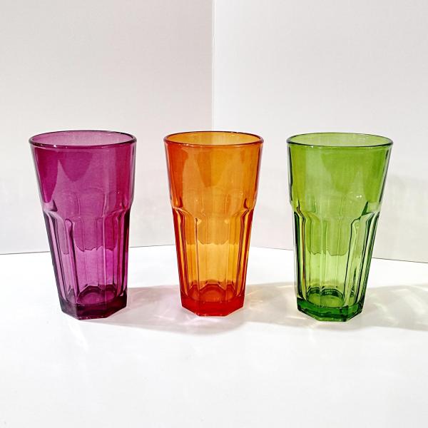 Vintage Jewel Tone Glass 16 Ounce Tumblers, Set of Three, Purple Orange Green Drinking Glasses