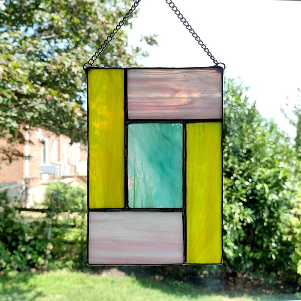 Pink, Blue, and Yellow Geometric Stained Glass Panel Suncatcher, Mondrian Stained Glass Art