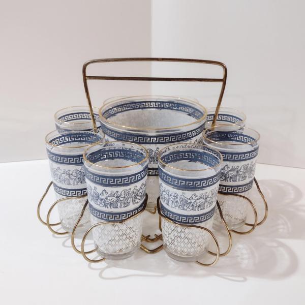 Vintage Jeanette Patrician Blue Highball Glasses and Ice Bucket Set with Caddy, Complete MCM Cocktail Set of 8