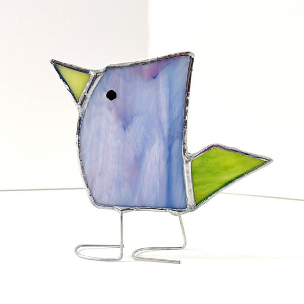 Stained Glass Standing Bird, Funky Glass Bird, Purple and Green Bird Suncatcher, Windowsill Sitter