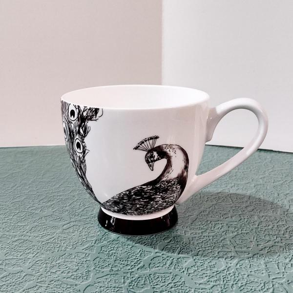 Vintage Black and White Peacock Mug, Large 16 Ounce Coffee Tea Mug