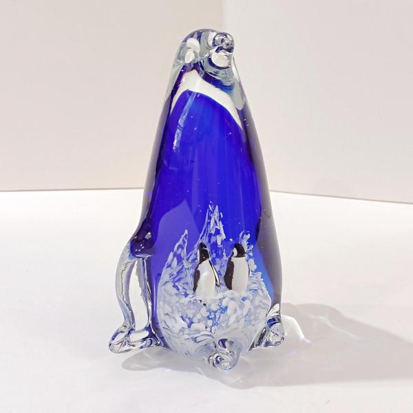 Vintage Penguin with Babies Blown Glass Paperweight, Blue and White Glass Penguin Figurine