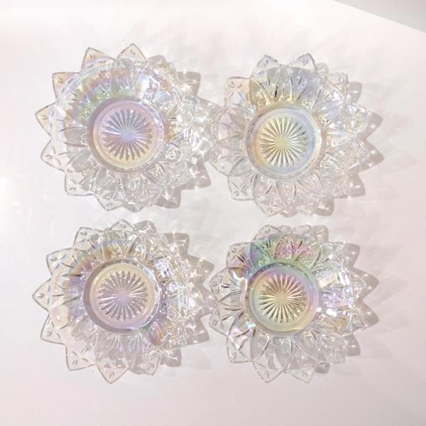 Vintage Federal Glass Petal Iridescent Clear Bowls, Set of Four, Rainbow Iridescent Flower Shaped Dessert Fruit Bowls