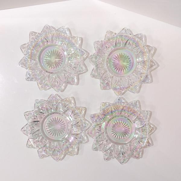 Vintage Federal Glass Petal Iridescent Clear Bread and Butter Plates Set of Four