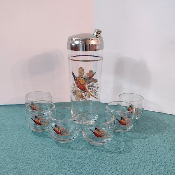Vintage Cocktail Shaker and 6 Roly Poly Glasses Set, West Virginia Glass Specialty Pheasants in Flight Barware Set