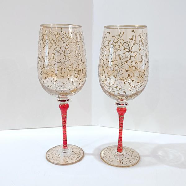 Vintage Pier 1 Gold and Red Swirled Filagree 16 Ounce Wine Glasses, Set of 2, Festive Holiday Barware