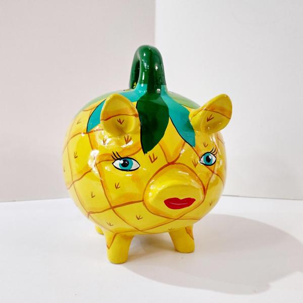 Vintage Hand Painted Mexican Piggy Bank, Pineapple Painted Pig Coin Bank