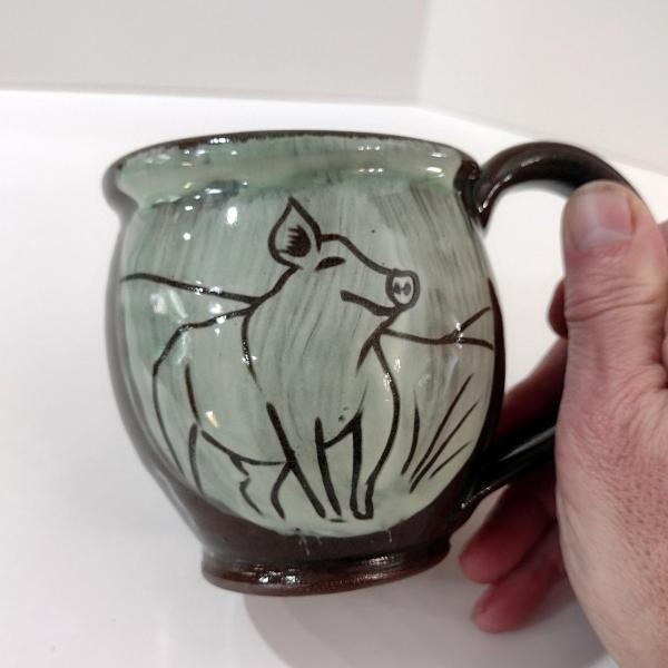 Vintage Hand Crafted Brown and Green Happy Pig Ceramic Mug, Pig Lover Farmer Gift