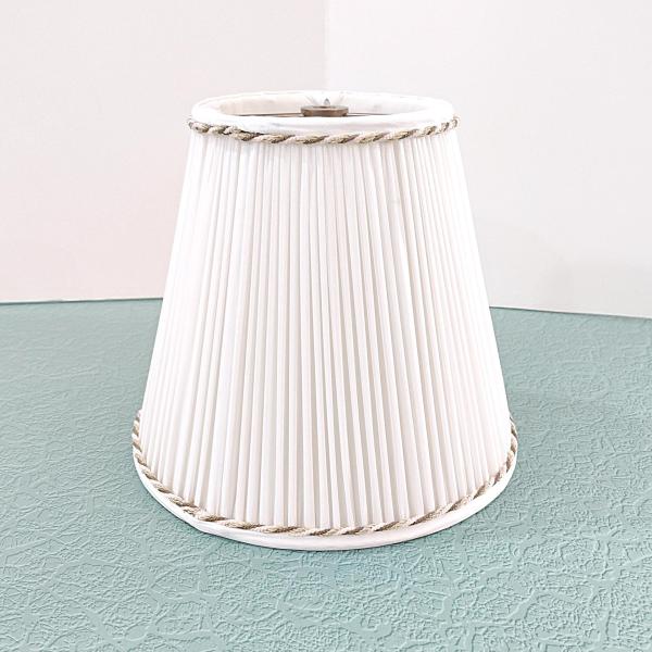 Vintage White Pleated Lampshade with Brown and Gold Braid Accents, Medium Sized Neutral Bell Lampshade