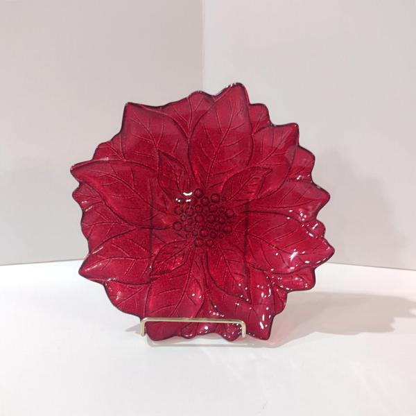 Vintage Red Glitter Glass Poinsettia Shaped Holiday Christmas Plate