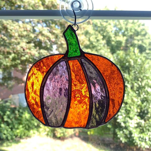 Pumpkin Stained Glass Suncatcher, Orange and Purple Cathedral Glass