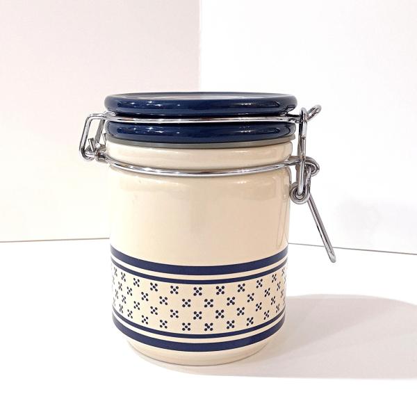 Vintage Blue and White Ceramic Jar Canister with Metal Wire Clamp Lid, Potpourri Press Kitchen Storage Canister
