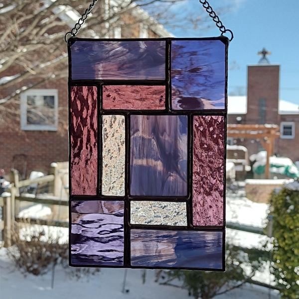 Purple and Pink Geometric Stained Glass Panel Suncatcher, Mondrian Suncatcher